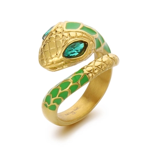 Gold stainless steel snake ring with green enamel scales and emerald-like gemstone eyes