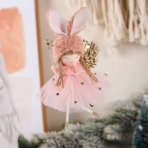 Pink plush rabbit ear angel hanging ornament with gold wings for Christmas tree decor