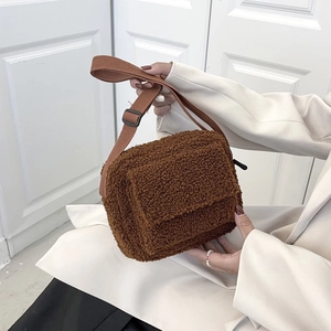 Plush Lamb Wool Crossbody Bag For Women Winter Autumn Solid Color Fashion Small Square Shoulder Purse Travel Casual