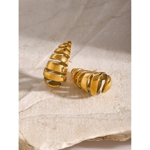 18K gold plated stainless steel hollow water drop earrings with spiral cone design
