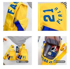 Détails du sac bandoulière jaune montrant zip, logo, capacité interne et comparaison de taille