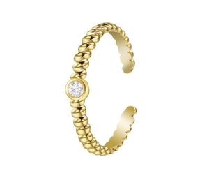 Detail of adjustable twisted gold ring with a clear bezel-set round center stone