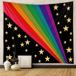 Bohemian black tapestry with vibrant rainbow beam and gold stars for wall decoration