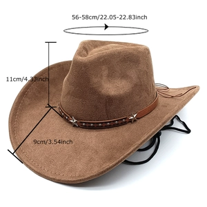 Brown suede western cowboy hat with star band and dimensions shown on white background
