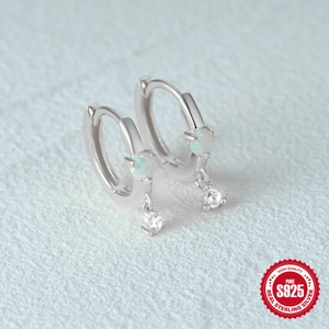 Exquisite S925 sterling silver opal hoop earrings with delicate cubic zirconia pendant