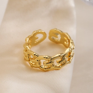 Minimalist gold plated hollow geometric chain ring with adjustable open band for women