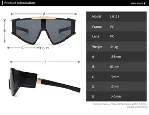 Size chart showing large frame oversized sunglasses dimensions and frame specifications