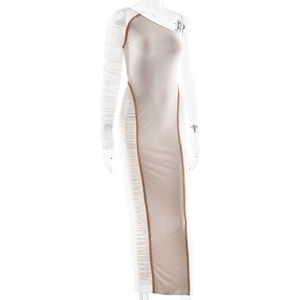 Detail view of the ruched mesh texture and asymmetrical one-shoulder design on a midi dress