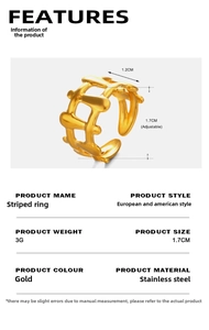 Detailed size parameters and macro view of a 1.2cm wide gold hollow mesh ring