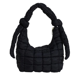 Black cloud puff shoulder bag with quilted nylon texture and decorative knot handle detail