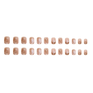 Short French press-on nails with brown floral gradient design and glitter finish set