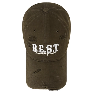 Distressed olive green baseball cap with BEST embroidery and vintage frayed edges