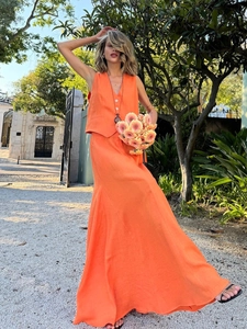 Women Cotton Linen Vest And Maxi Skirt V Neck Button Sleeveless Casual Vacation Boho Minimalist