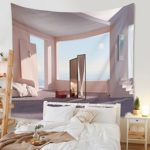 Detail of bohemian tapestry with surreal architecture landscape hanging above a bed