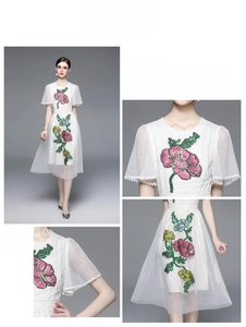 Détail de la broderie florale à paillettes et maille plumetis sur la robe midi blanche