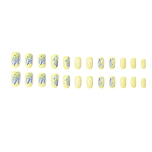 Lavender floral press-on nails in light yellow finish with short round shape 24pcs set