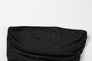 Detail of the elastic black fabric with precise double stitching and side ruching