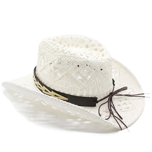 Cappello da cowboy in paglia bianca traforata con fascia in pelle e protezione solare