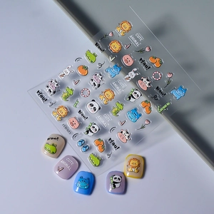 5D embossed animal nail stickers FEB-673 with cute lion, panda and cow designs