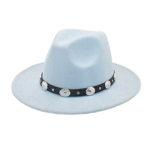 Detailed shot of the blue felt wool jazz hat featuring a black leather concho strap band