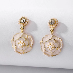 Vintage Camellia Flower Drop Earrings With Enamel Rhinestone Imitation Artificial Pearl And 925 Sterling Silver Earring Post Elegant