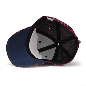 Detail view of the durable plaid baseball cap interior with reinforced seams and labels