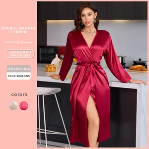 Women Long Satin Robe V Neck Imitation Satin Bathrobe Elegant Sleepwear Loungewear Belted Nightgown Long Sleeve