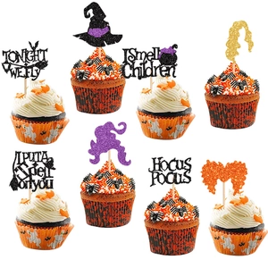 Glitter Cardstock Halloween Cupcake Toppers Witch Hat Ghost Pumpkin Spooky Holiday Party Event Cake Decorating Supplies
