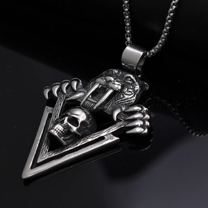 Gothic tiger head skull pendant in stainless steel with square pearl chain necklace