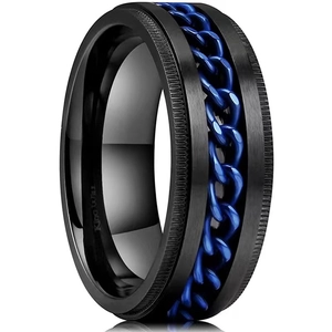 Detailed close-up of a black brushed steel ring featuring a blue rotatable chain inlay