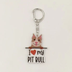 Detail of 2D acrylic Pit Bull keychain featuring I Love My Pit Bull printed text