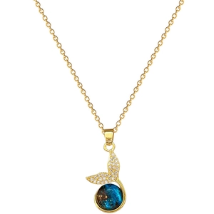 Gold mermaid tail necklace with sparkling micro-diamonds and a blue starry galaxy pendant