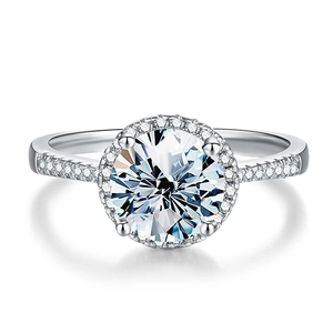 3ct Round Moissanite 925 Silver Ring with Halo setting and Pave band detail