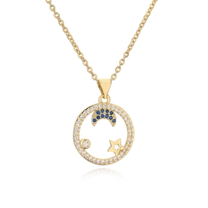 Golden necklace featuring hollow round pendant with blue crescent moon and zircon stars