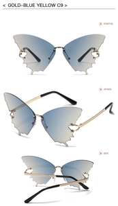 Frameless butterfly sunglasses with blue and yellow gradient lenses and golden textured arms