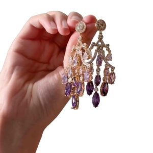 18K gold plated silver needle drop earrings with purple zircon tassels for women