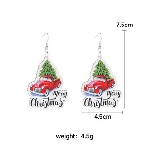 Detailed view of acrylic Christmas truck earrings with Merry Christmas print and dimensions