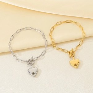 18K gold and silver heart pendant paperclip link chain bracelets with OT clasp