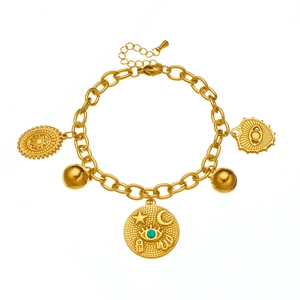 Retro gold-plated stainless steel chain bracelet with celestial and evil eye charms
