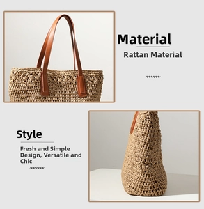 Close-up of hand-woven texture and brown leather handle on large straw beach tote