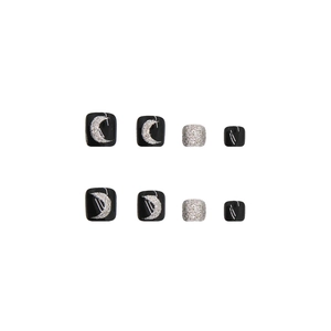 Sparkling black and silver glitter press-on toenails with moon pattern 24pcs set