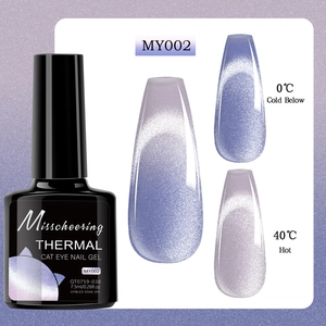 Macro shot of thermal cat eye gel polish showing purple color change with magnetic glitter