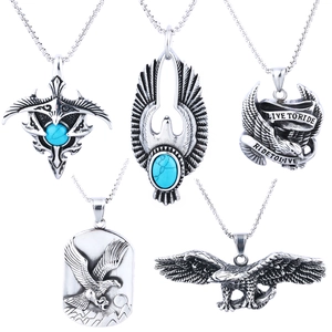 Men Stainless Steel Eagle Pendant Necklace With Turquoise Stone Vintage Biker Gothic Style Live To Ride Jewelry