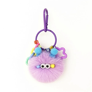 Cute purple plush coal ball monster keychain with colorful letter beads for bags