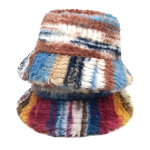 Colorful striped faux fur bucket hats for women in rainbow tie-dye plush warm winter style