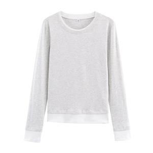 Women's casual grey long sleeve sweatshirt with white contrast trim and crew neckline