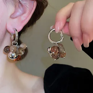 Retro Drop Earrings For Women Chic Amber Brown Resin Bead Cluster Hoop Silver Earring Post Vintage Jewelry