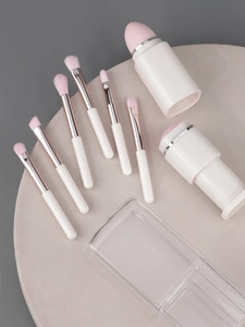 Detailed view of 8-in-1 makeup brush set with pink bristles and sponge tips in a clear case
