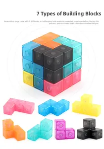 Detailed view showing seven unique translucent geometric magnetic blocks forming a cube
