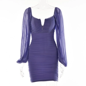 Purple mesh mini dress with deep V-neck, long sheer puff sleeves, and ruched body details